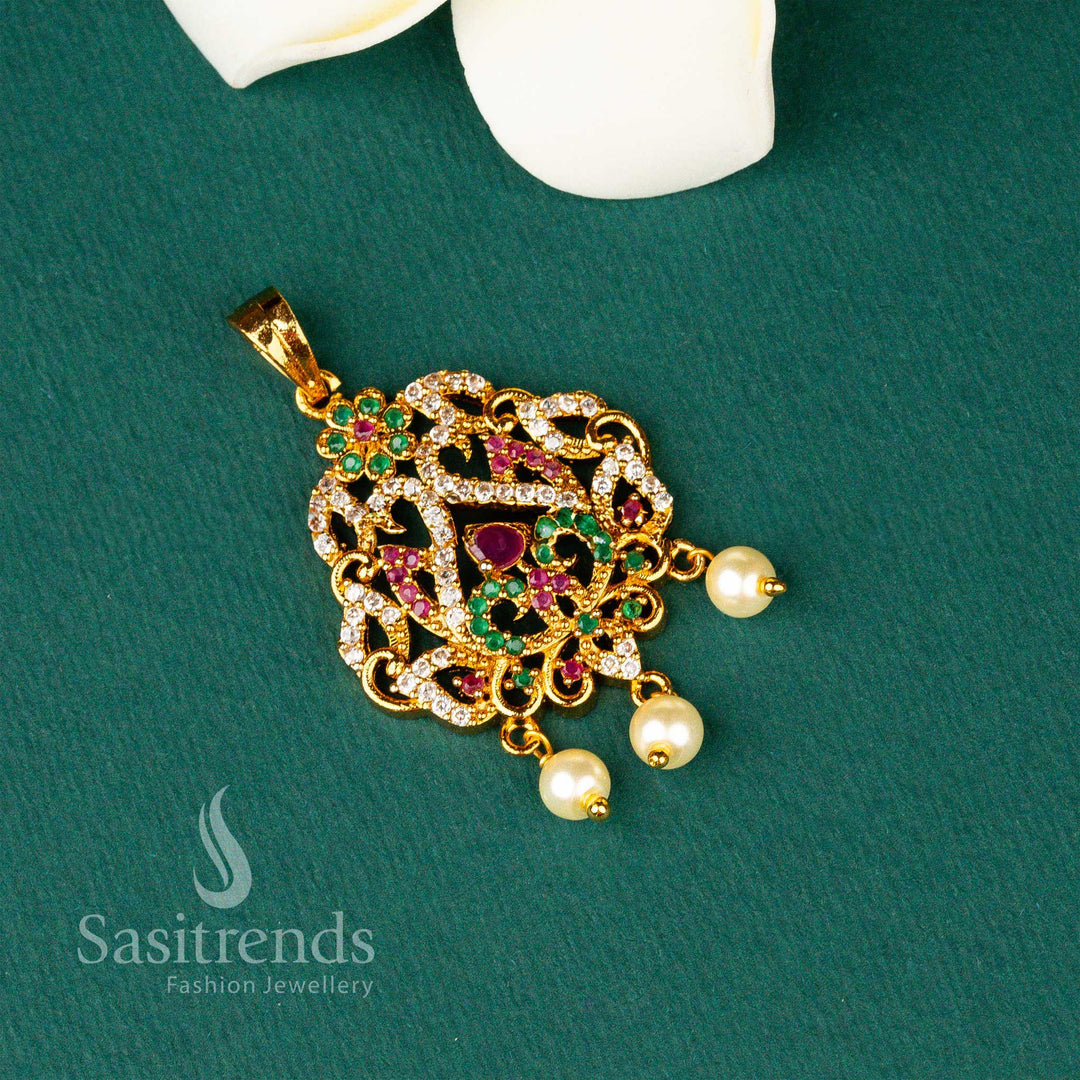Traditional Wear Matt Gold Plated Flower Designer AD Stone Small Pendant