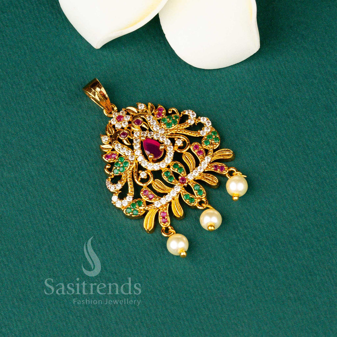 Traditional Matte Gold Plated Temple Design Small AD Stone Dollar Pendant – Antique-Inspired Jewellery For Festive Wear By Sasitrends