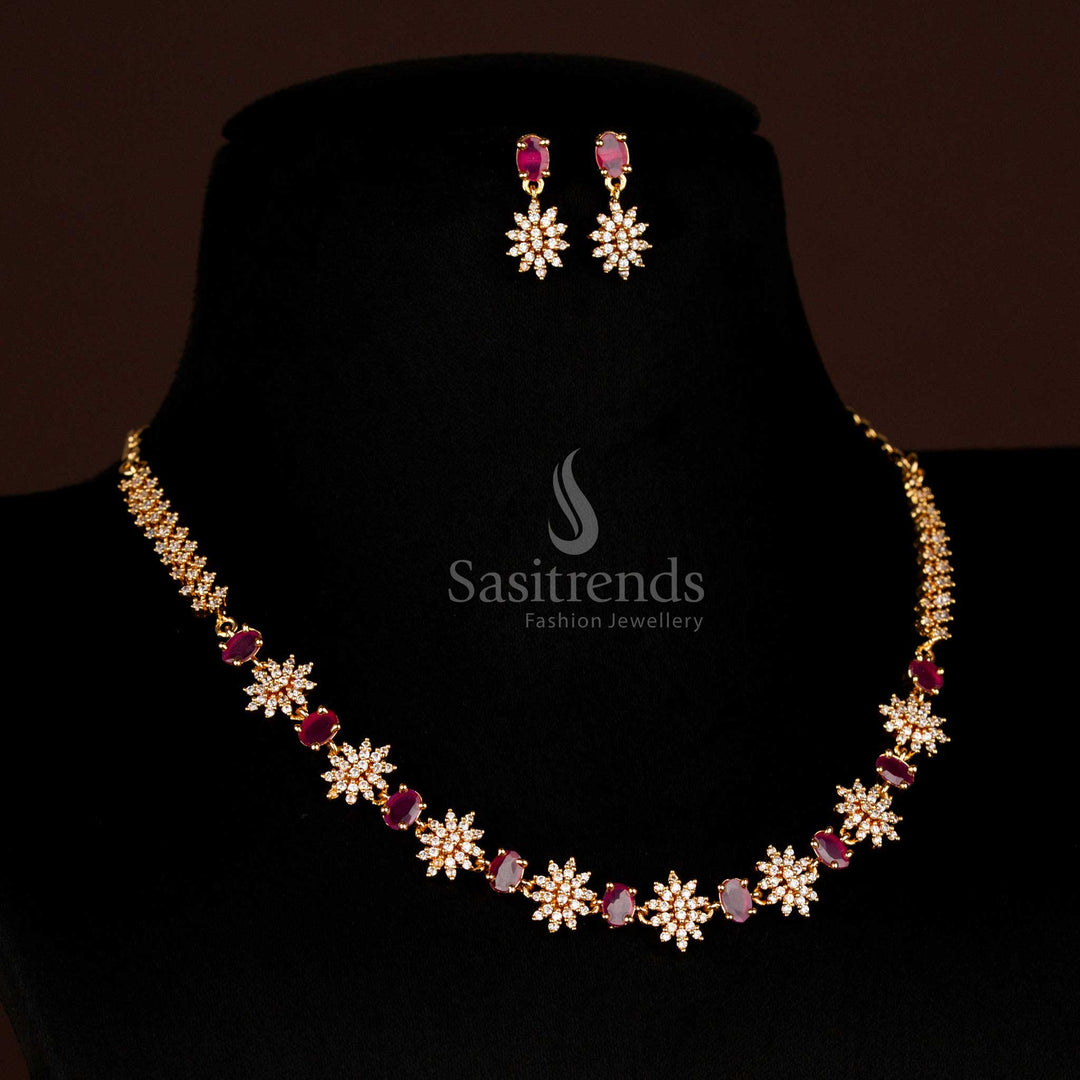 Micro Gold Plated American Diamond Floral Necklace Set with Oval Stones by Sasitrends