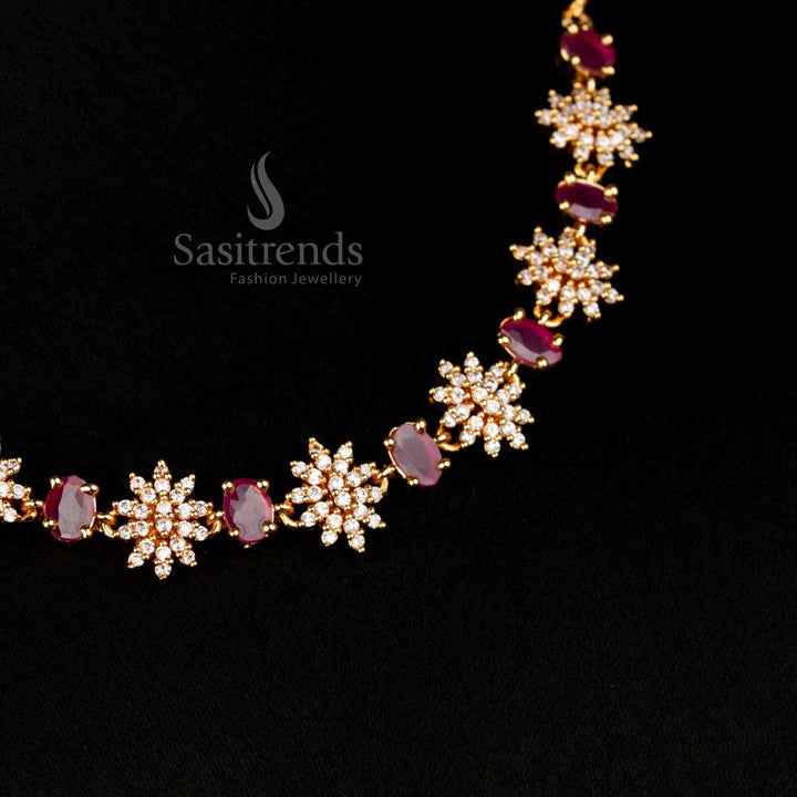 Micro Gold Plated American Diamond Floral Necklace Set with Oval Stones by Sasitrends