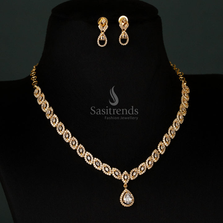 Elegant One Gram Micro Gold Plated Full White American Diamond Necklaces Jewellery Set with Elegant Floral - Sasitrends