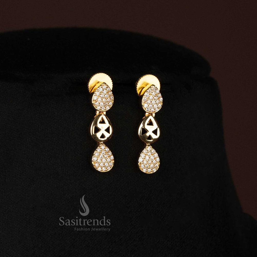 Pair of sparkling American Diamond micro gold plated drop earrings with teardrop design, part of a luxurious jewellery set.