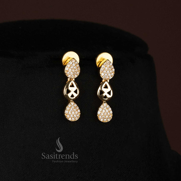 Pair of sparkling American Diamond micro gold plated drop earrings with teardrop design, part of a luxurious jewellery set.