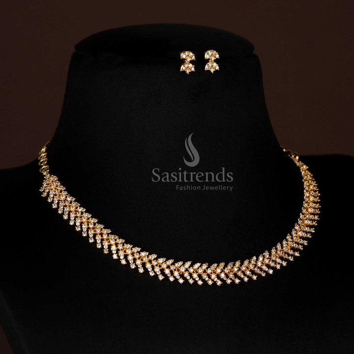 Dazzling American Diamond Micro Gold Plated Chevron Pattern Necklace Jewellery Set - Looks Like Real Gold - Sasitrends