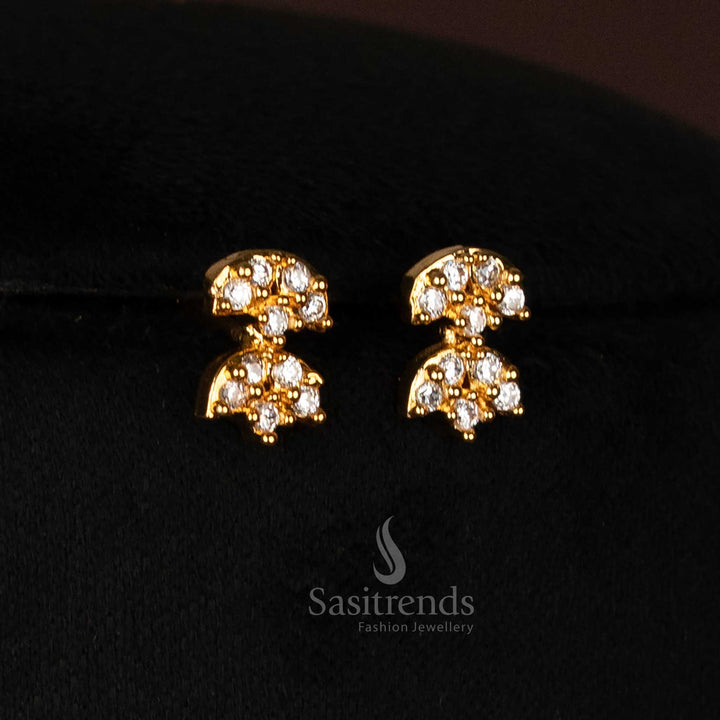 Pair of sparkling American Diamond micro gold plated stud earrings with a unique V-shaped design, complementing the necklace.