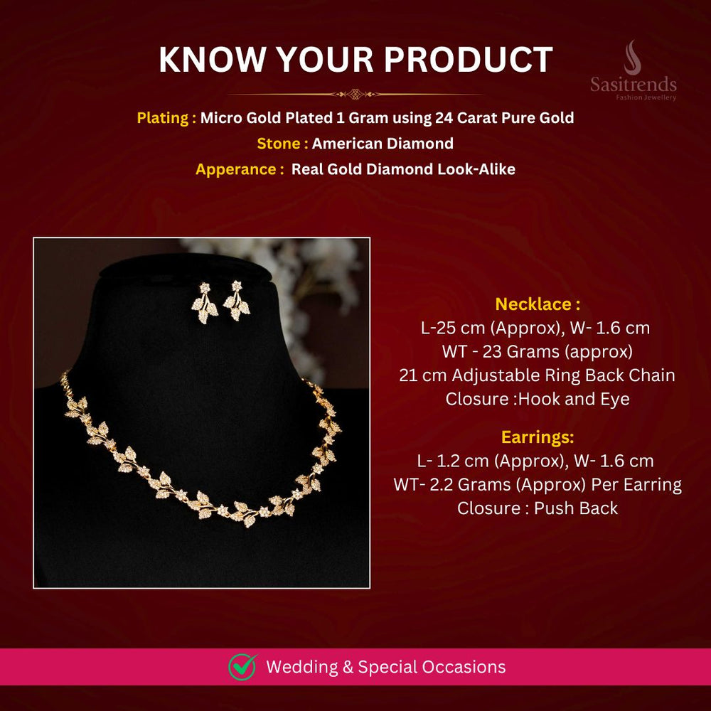 American Diamond Micro gold plated Necklace jewellery set Measurement Image - Sasitrends