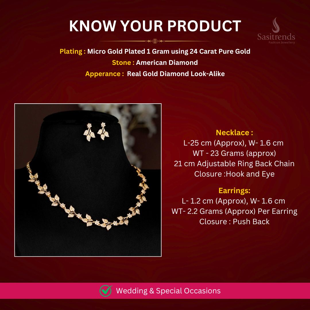 American Diamond Micro gold plated Necklace jewellery set Measurement Image - Sasitrends