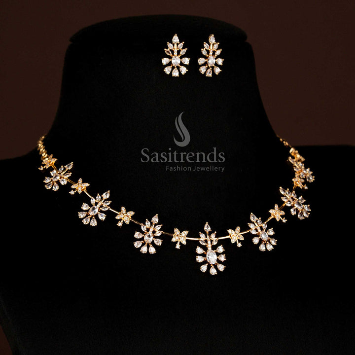 Stunning Guaranteed Micro Gold Plated White American Diamond Star Floral Necklace for Festive Wear