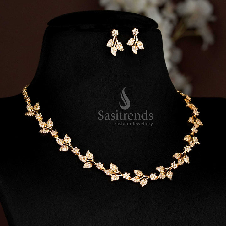American Diamond Leafy Vine Micro Gold Plated Necklace Jewellery Set  - Sasitrends