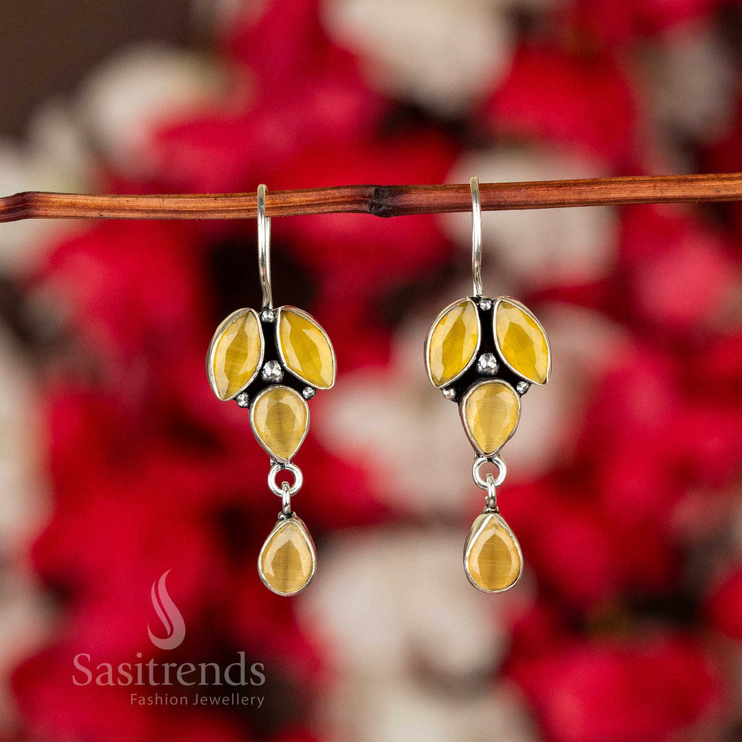 Sunny Yellow Oxidised Silver Stones-Studded Earrings With Floral Detail And Radiant Touch – Traditional Jewellery With Vibrant Appeal - Sasitrends