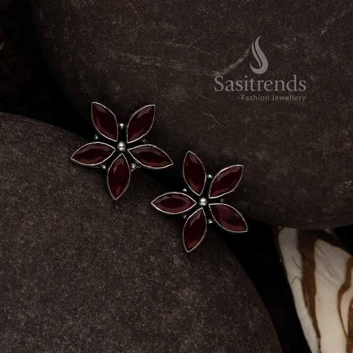 Red Oxidised Marquise Floral Earrings With Leaf Bloom Motif And Royal Glossy Accents – Elegant Statement Jewellery - Sasitrends