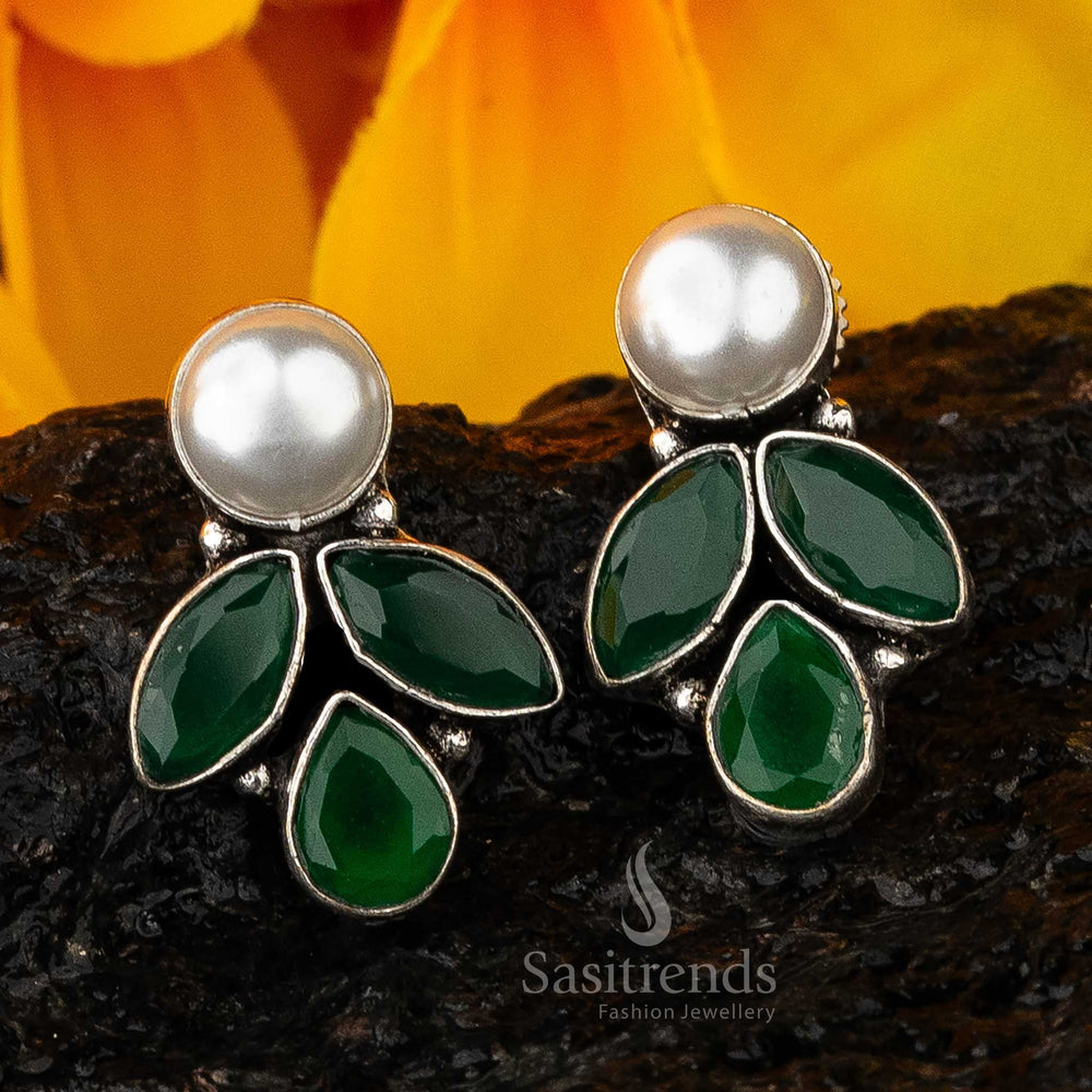 Dark Green Vintage Glam Marquise And Pearl Oxidised Earrings With Deep Forest Tone And Classy Pearls – Royal Festive Jewellery - Sasitrends