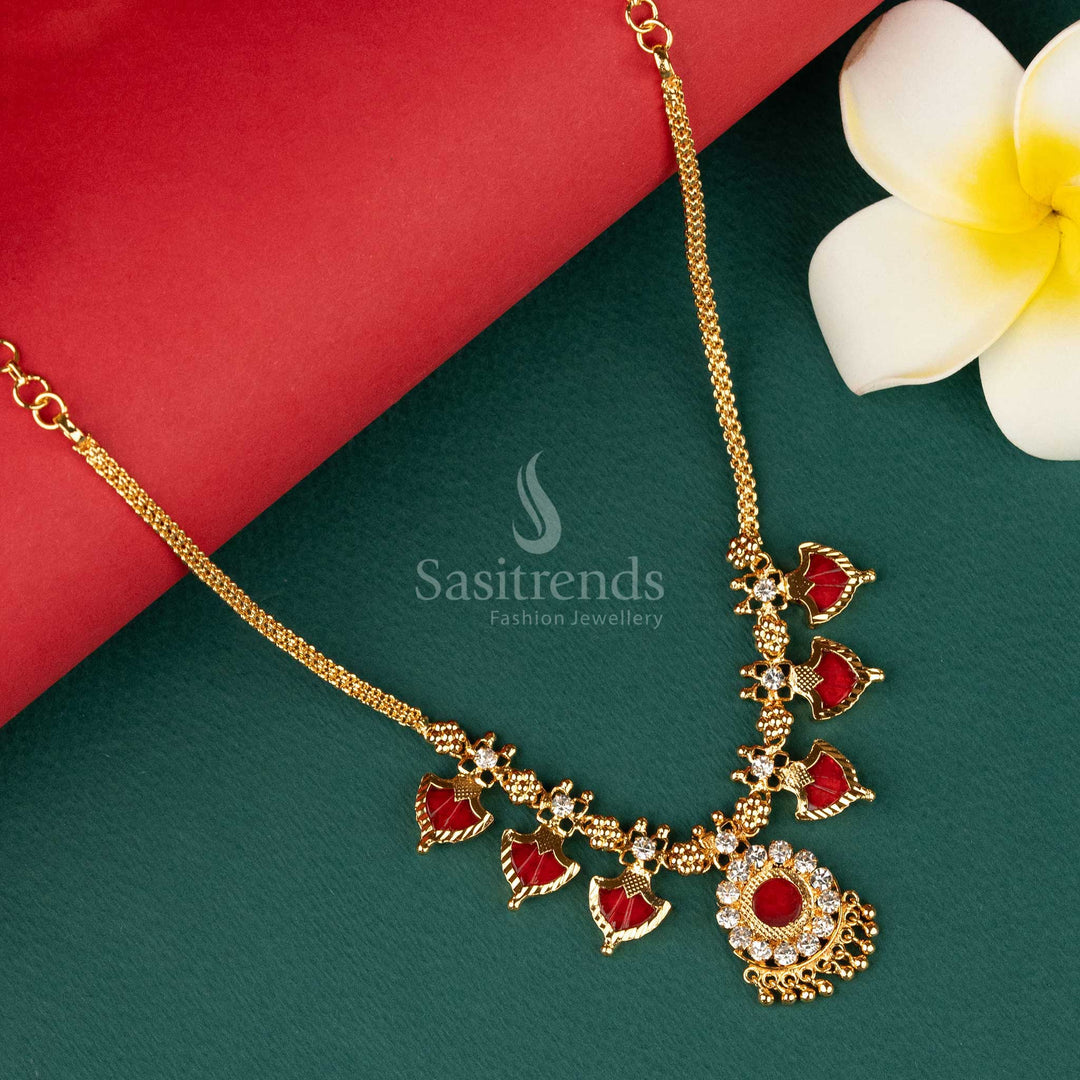 Trendy Micro Gold Plated Red Palakka Nagapadam Necklace with Three Petal Design - Sasitrends
