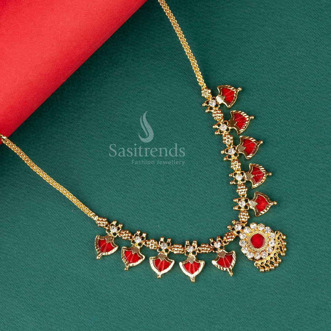 Attractive Micro Gold Plated Red Palakka Nagapadam Necklace with Five Petal Design - Sasitrends