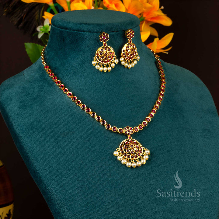 Sasitrends - 1 Gram Micro Gold Plated Attigai Necklace Jewellery Set with Pearl Hangings