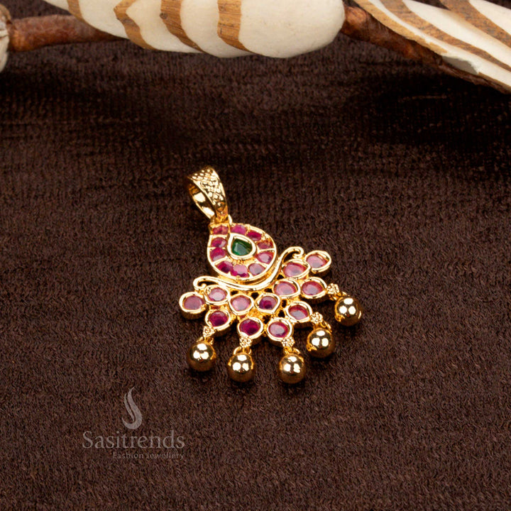 Stunning micro gold plated golden ball pendant featuring a lotus floral design with ruby-green stones and sparkling American diamonds - Sasitrends
