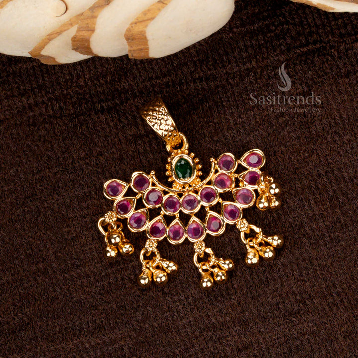 Classic temple-style moon floral golden ball pendant with rich micro gold plating, ruby-green gemstones, and elegant AD embellishments - Sasitrends