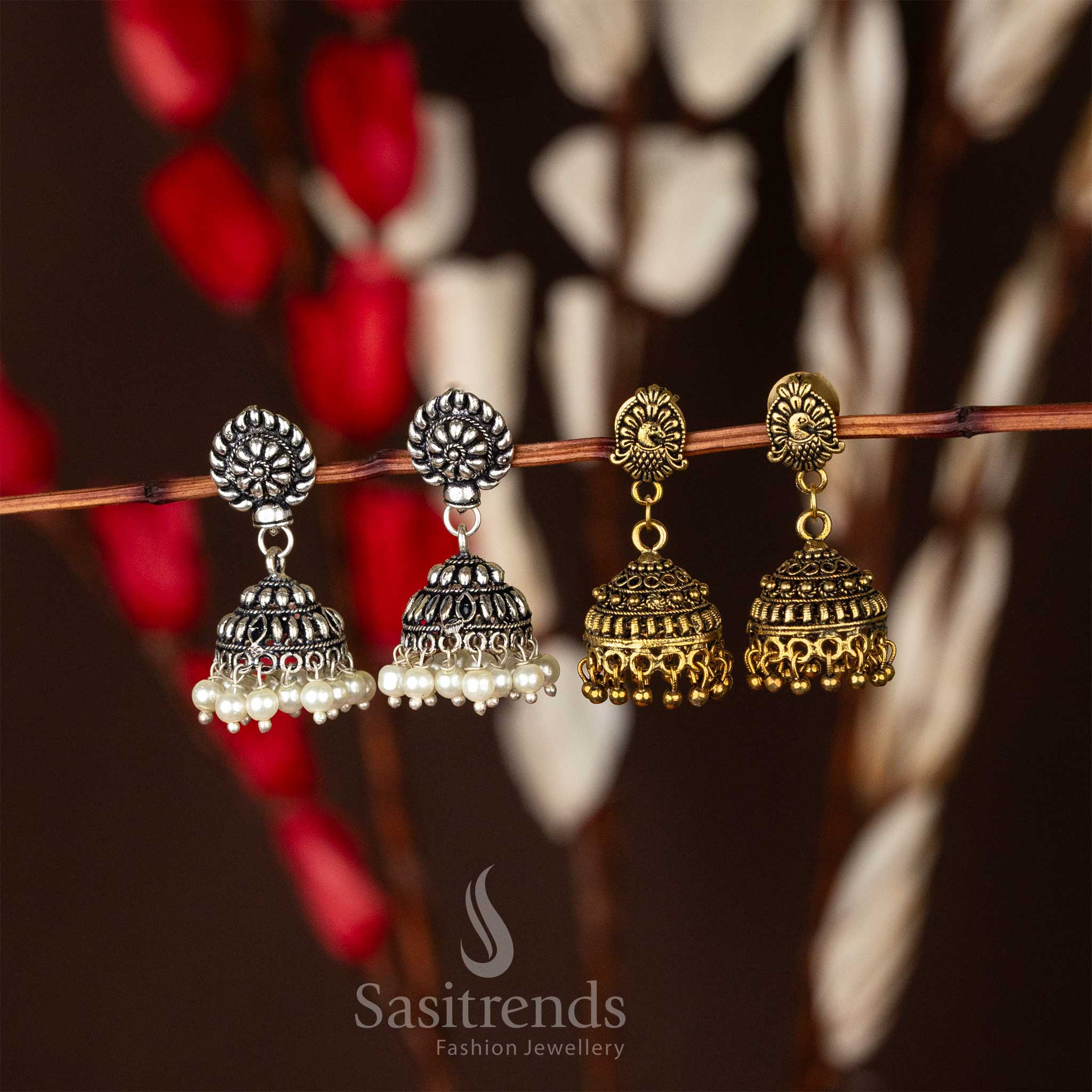 Oxidised Silver Antique Gold Jhumkas Elegant Earrings Set