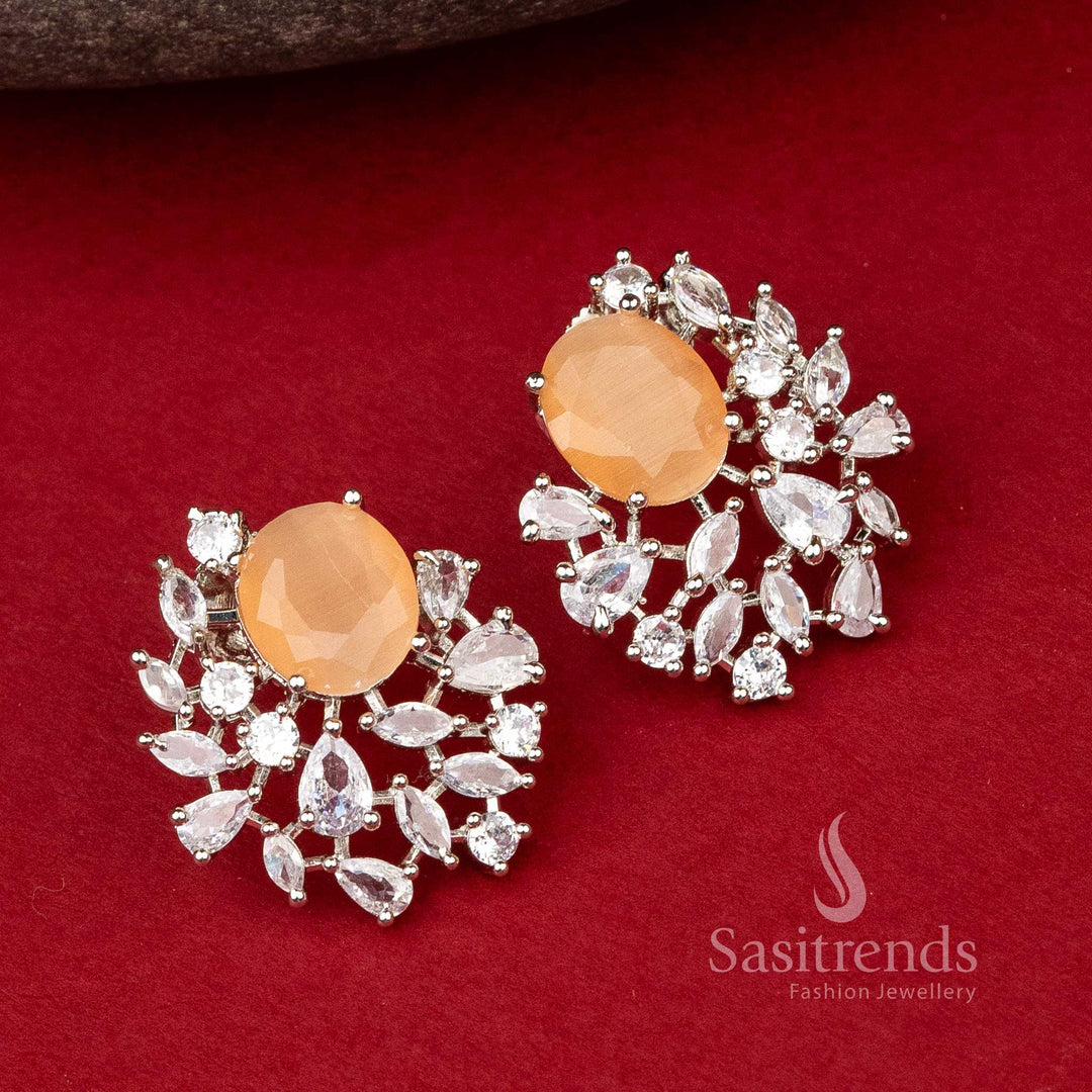 Sunset Oval Glitz earrings in rhodium with peach stones and AD shine – elegant evening party jewellery – Sasitrends