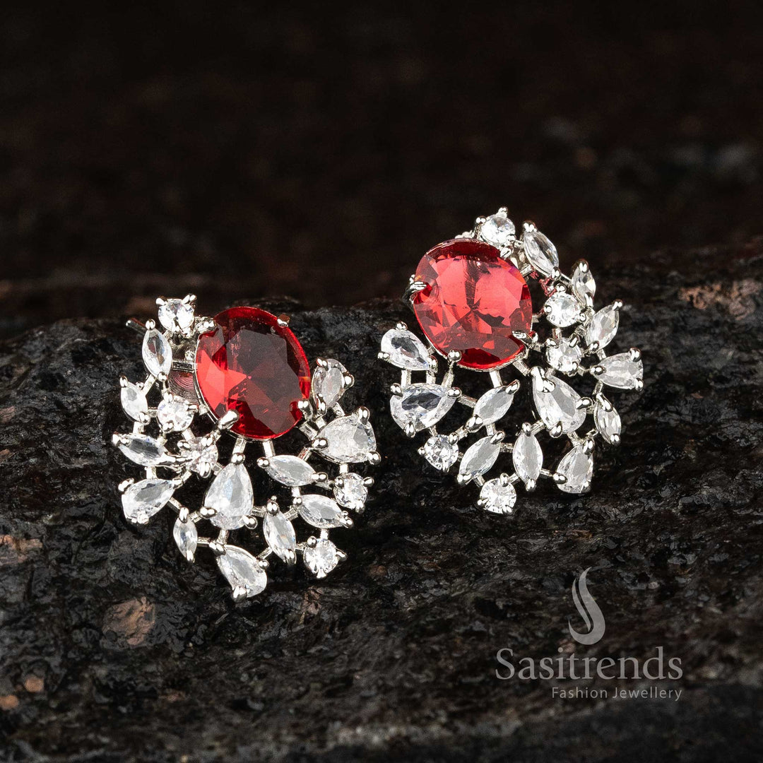 Crimson Luxe Spark rhodium silver earrings with oval tops and red American Diamonds – luxury red partywear jewellery – Sasitrends
