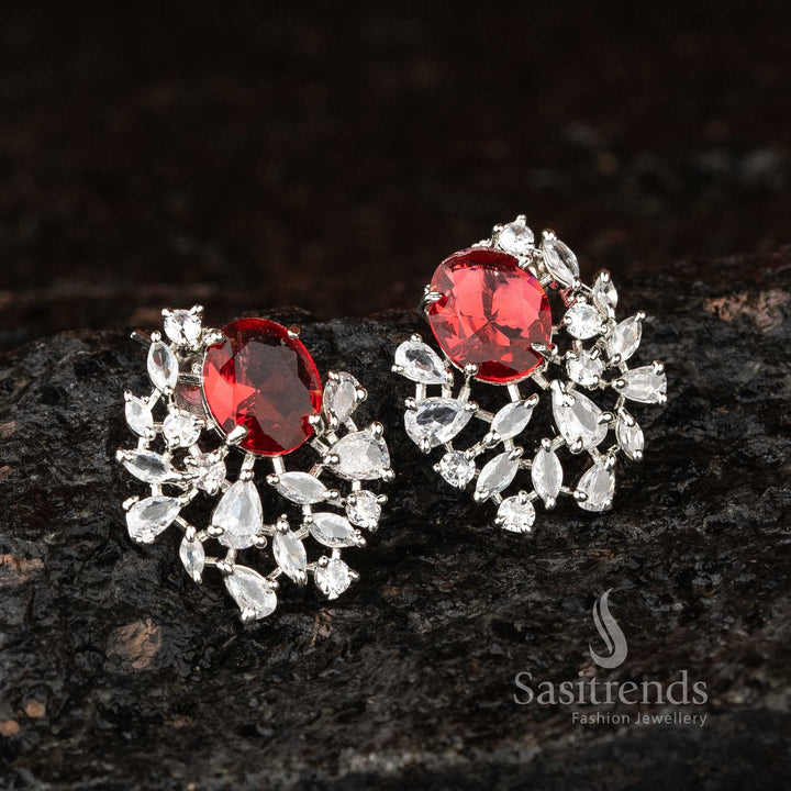 Crimson Luxe Spark rhodium silver earrings with oval tops and red American Diamonds – luxury red partywear jewellery – Sasitrends