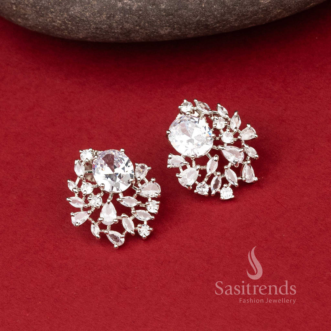 Ice Crystal Loop earrings with dazzling white stones in rhodium oval top setting – shimmering party glow jewellery – Sasitrends