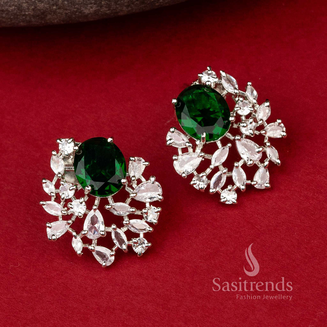 Emerald Drop Gleam earrings with green American Diamonds in rhodium finish – stunning oval party look jewellery – Sasitrends