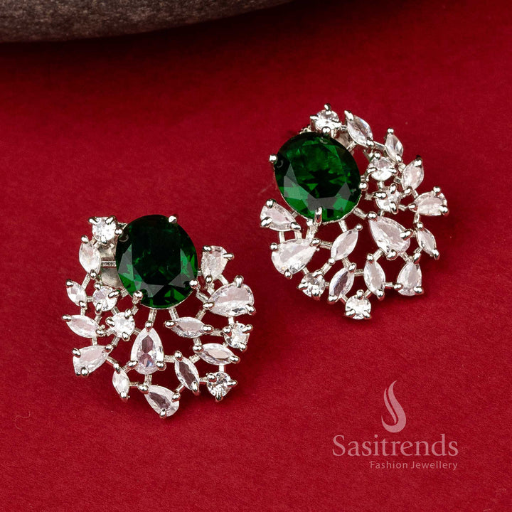 Emerald Drop Gleam earrings with green American Diamonds in rhodium finish – stunning oval party look jewellery – Sasitrends