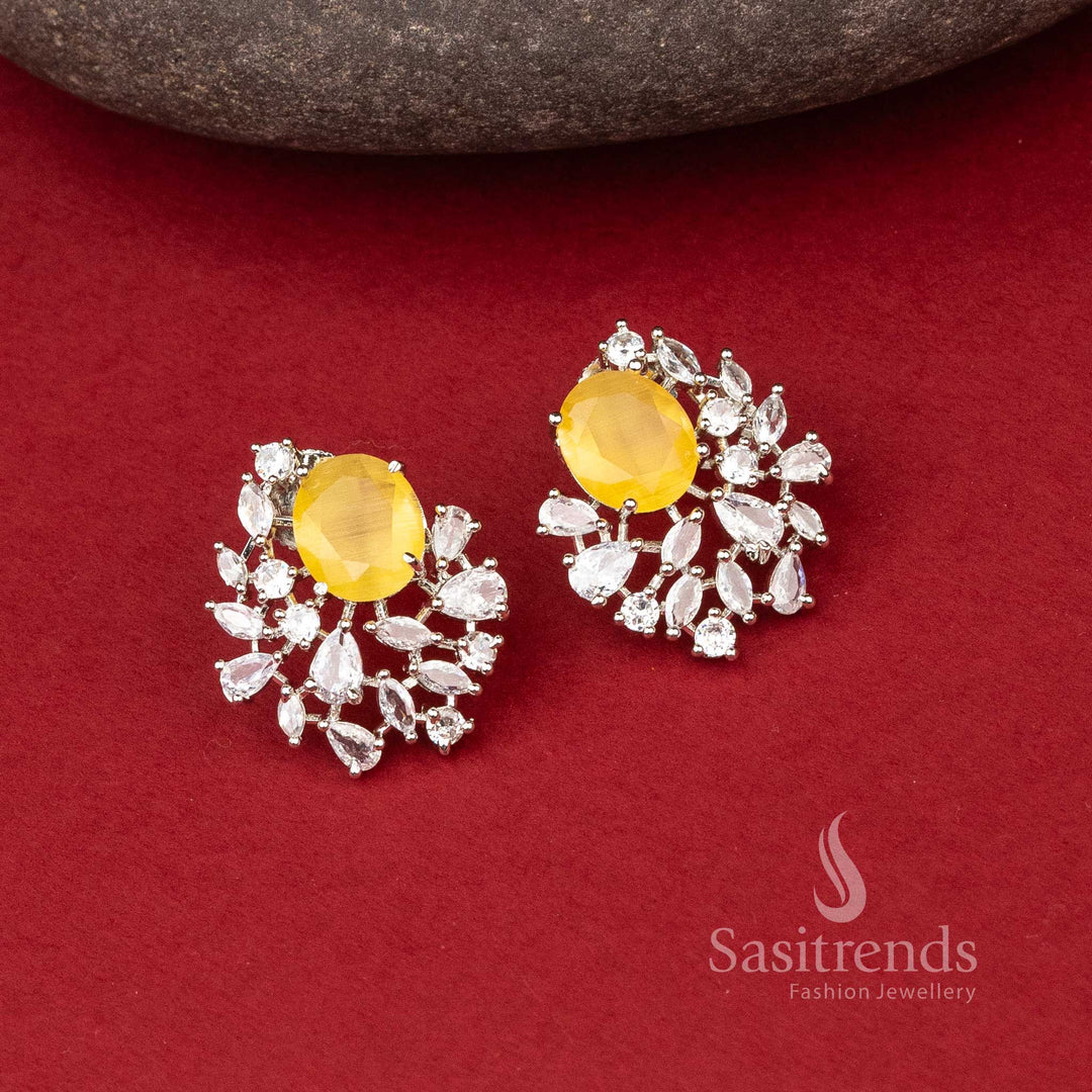 Sunbeam Ring Glow party earrings in rhodium with yellow AD and oval design – sunny and graceful jewellery – Sasitrends