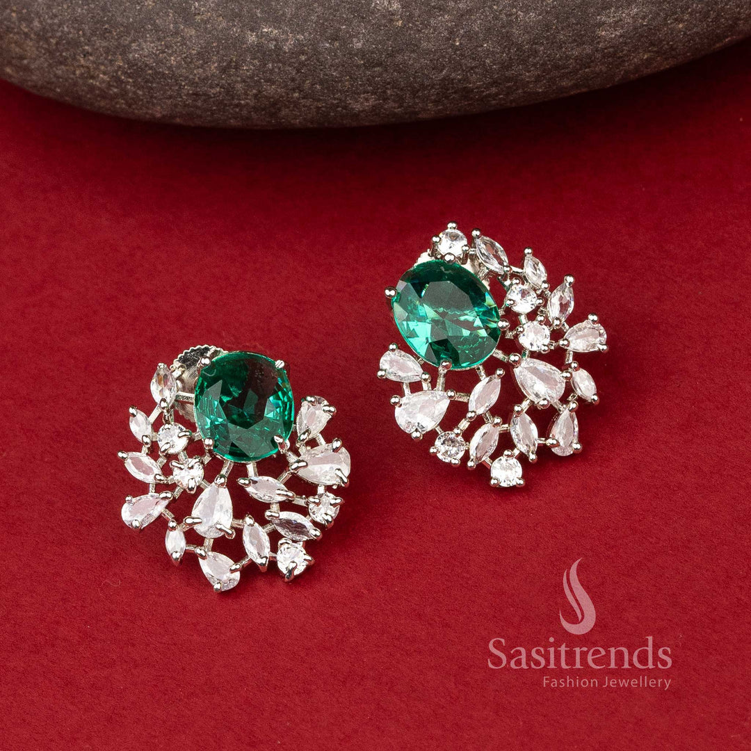 Aqua Bloom Shimmer earrings in rhodium silver with aqua blue oval tops and American Diamond sparkle – Sasitrends