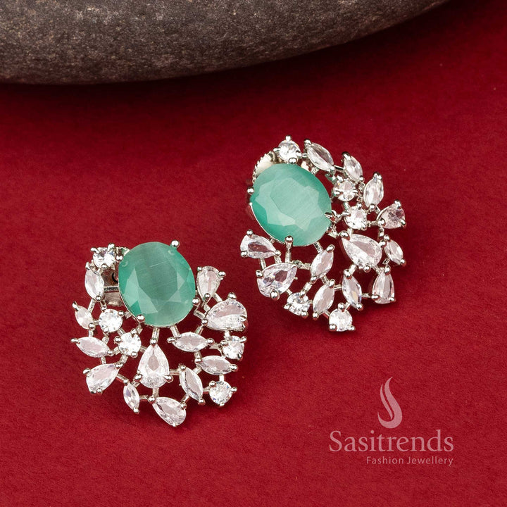 Mint Dusk Halo earrings with oval tops and mint green American Diamonds – subtle charm in rhodium finish – Sasitrends