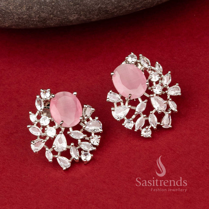 Pink Crystal Halo oval earrings with pink AD stones in rhodium finish – sassy statement jewellery for parties – Sasitrends