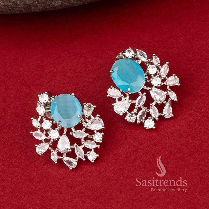 Blue Mist Oval Spark earrings with soft sky-blue American Diamonds in rhodium finish – elegant party jewellery – Sasitrends