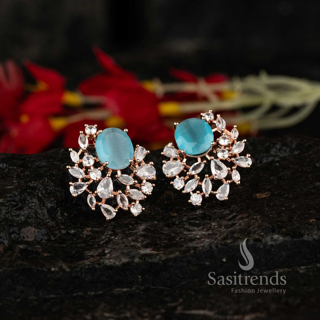 Elegant rose gold oval top earrings with sky-blue accents and American Diamonds – Dreamy shine party jewellery – Sasitrends