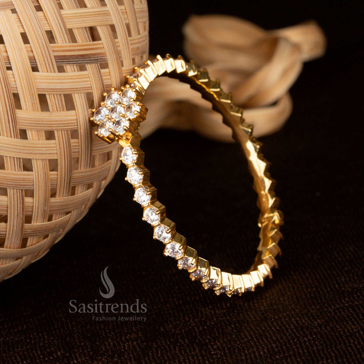 Micro Gold Plated American Diamond Floral Cluster White Openable Bracelet Bangle by Sasitrends