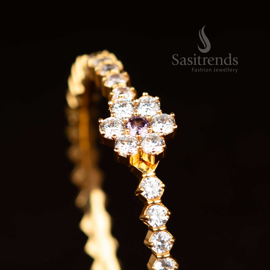 Micro Gold Plated American Diamond Floral Cluster Purple Openable Bracelet Bangle by Sasitrends