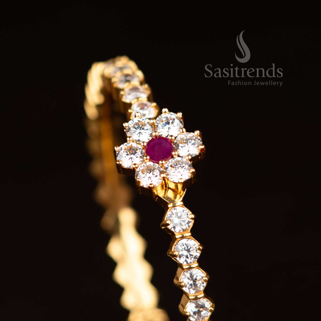 Micro Gold Plated American Diamond Floral Cluster White Ruby Openable Bracelet Bangle by Sasitrends