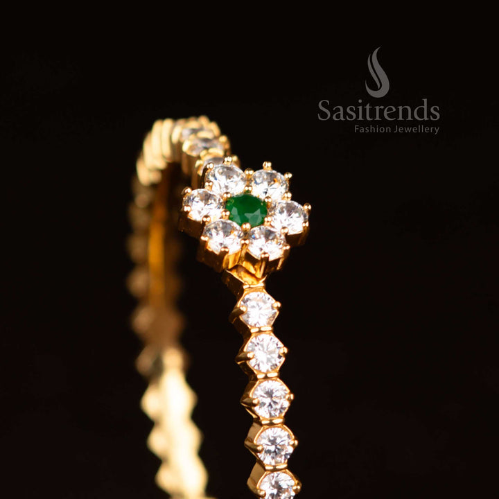 Micro Gold Plated American Diamond Floral Cluster Green Openable Bracelet Bangle by Sasitrends