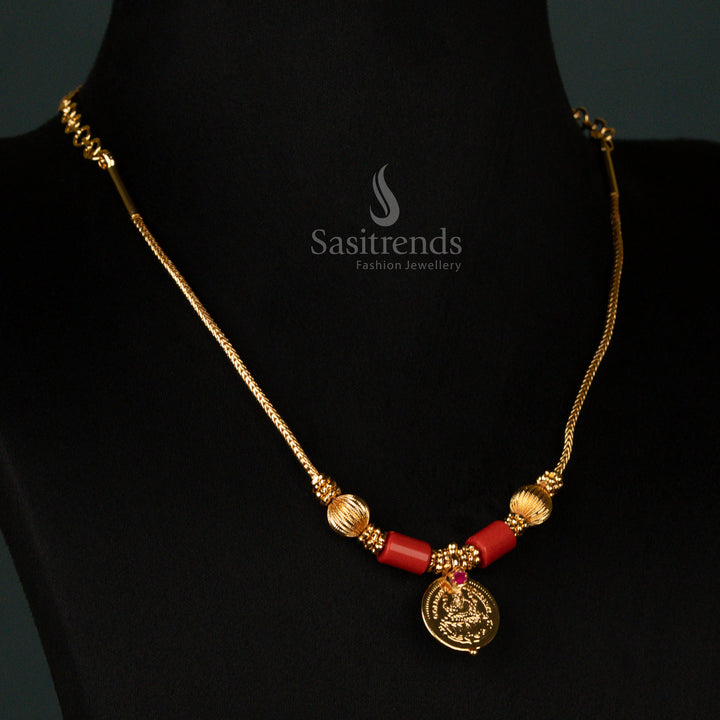 Traditional Micro Gold Plated Single Lakshmi Coin Necklace with Coral Beads and Gold Balls For Festive Wear- Sasitrends