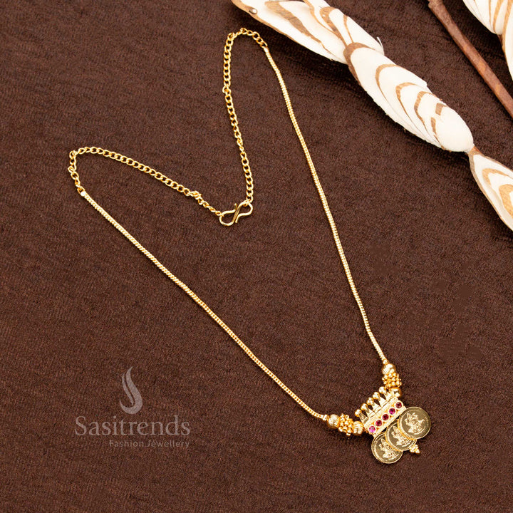 Stunning Micro Gold Plated Triple Lakshmi Coin Pendant Necklace with Frame Stone Head Design – Guaranteed One Gram Jewellery - Sasitrends