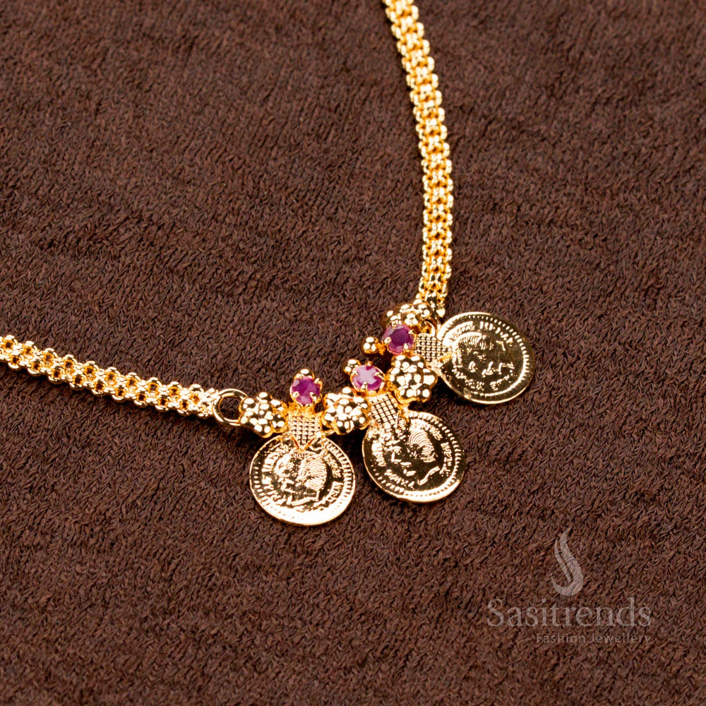 Kerala Traditional Coin Head Necklace with Pink Stones - 24 Carat Gold Micro Plated