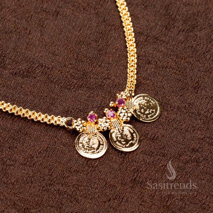 Kerala Traditional Coin Head Necklace with Pink Stones - 24 Carat Gold Micro Plated