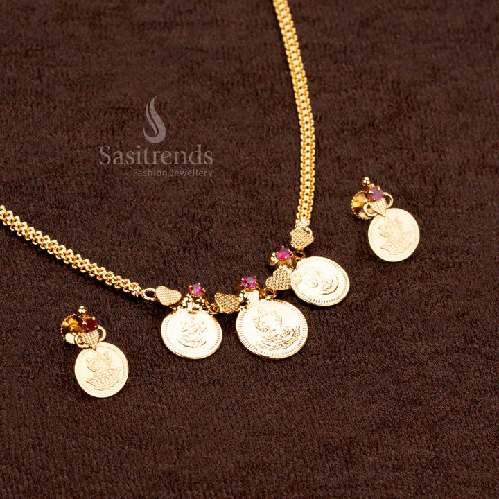 Micro Gold Plated Traditional Lakshmi Coin Necklace Set with Hook Clasp, Intricate Temple Design, Large Coin Pendant – Sasitrends