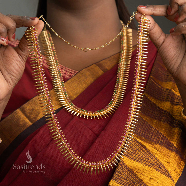 Exquisite Micro Gold Plated Long Mullapoo Ruby Necklace with American Diamond Stones – Traditional Festive Bridal Jewellery Worn by Model - Sasitrends