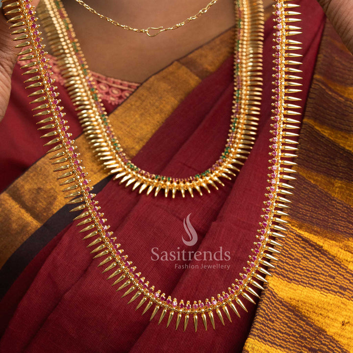 Grand Traditional Micro Gold Plated Ruby Mullapoo Necklace with Floral Designs and American Diamonds – Bridal Temple Jewellery on Model - Sasitrends