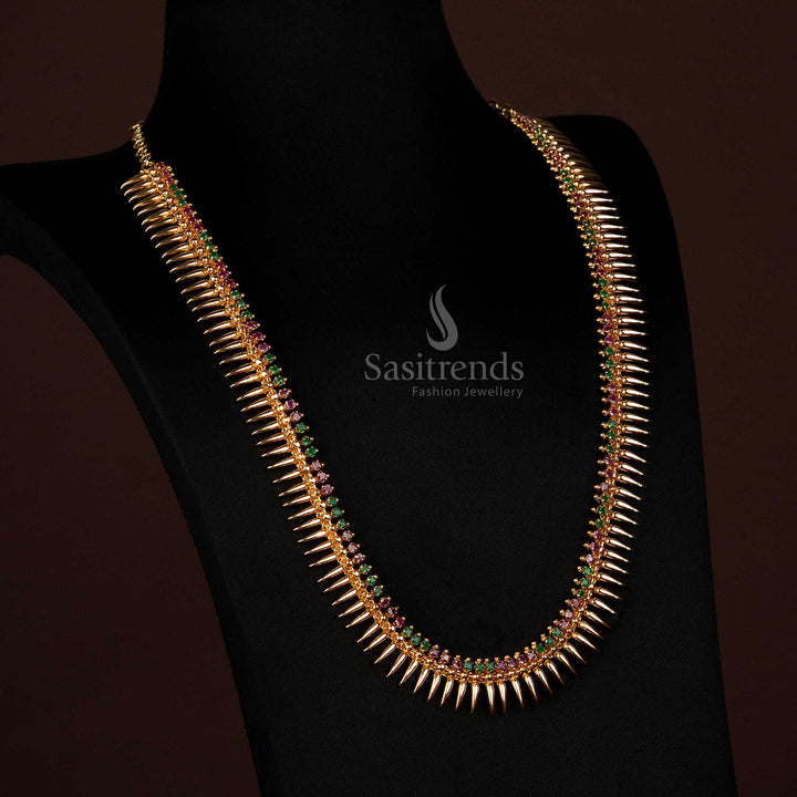 Elegant Micro Gold Plated Ruby Green Mullapoo Pattern Long Necklace With Sparkling American Diamond Stones And Pearls Grand Traditional Jewellery Sasitrends
