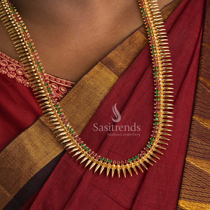 Exquisite Micro Gold Plated Long Mullapoo Ruby-Green Necklace with American Diamond Stones – Traditional Festive Bridal Jewellery Worn by Model - Sasitrends
