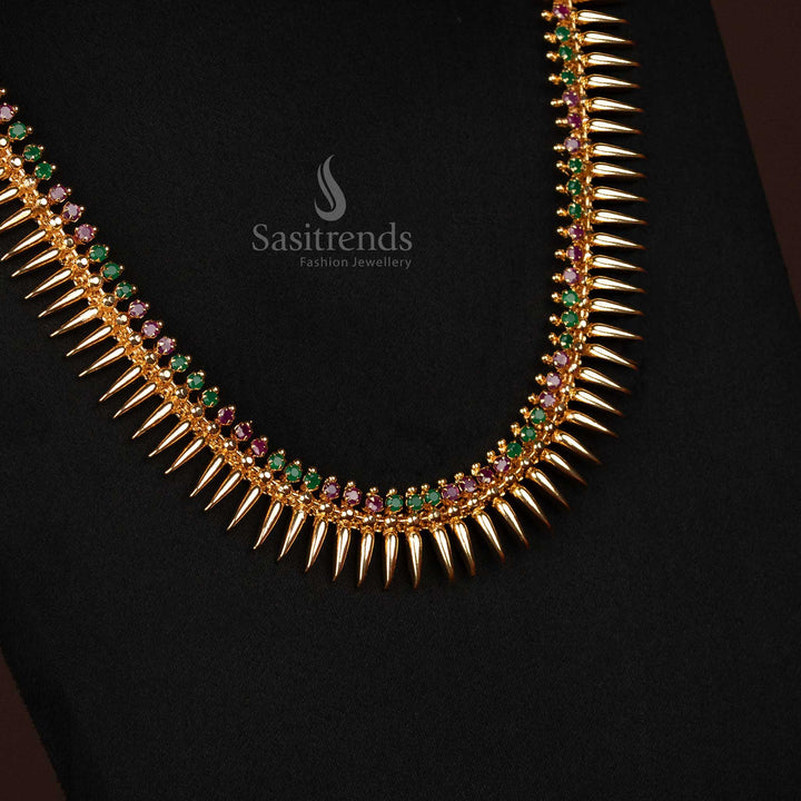 Majestic Micro Gold Plated Ruby Green Mullapoo Long Necklace With Designer American Diamond Stones And Elegant Pearl Accents Traditional Festive Jewellery Sasitrends