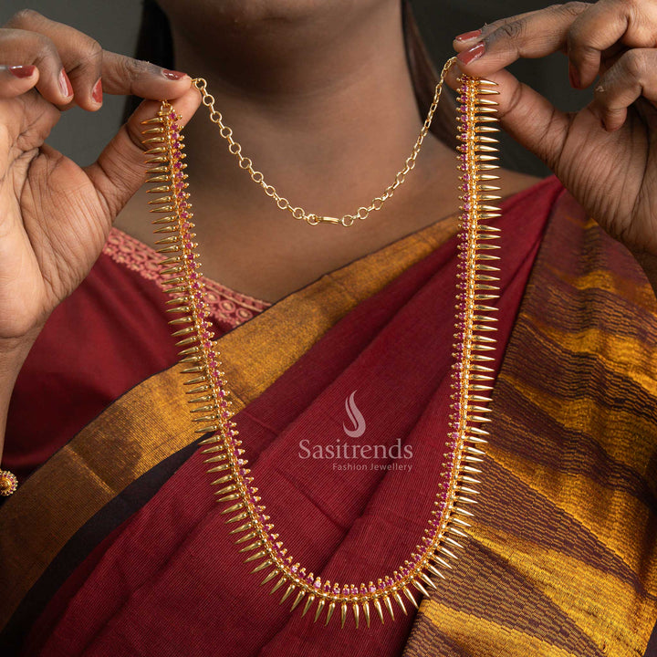Premium Micro Gold Ruby Mullapoo Necklace with Beautiful American Diamond Accents – Bridal and Festive Wear Displayed by Model - Sasitrends