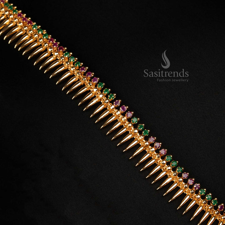 Exquisite Micro Gold Plated Ruby Green Mullapoo Long Necklace With American Diamond Stones And Pearl Hangings Traditional Festive Jewellery Sasitrends